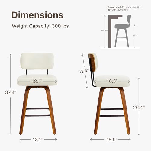 Swivel Bar Stools Set of 3, 26" Counter Height with Wooden Back, Ivory