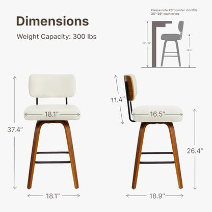 Swivel Bar Stools Set of 3, 26" Counter Height with Wooden Back, Ivory
