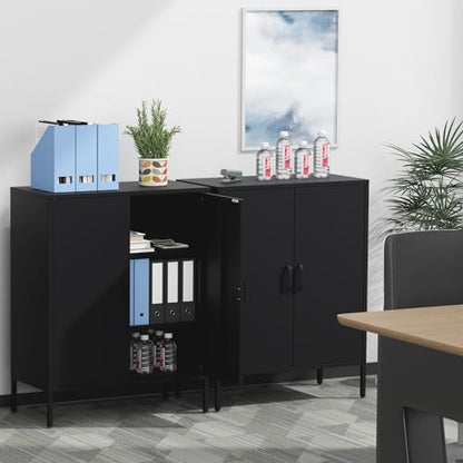 Washsemba Metal Storage Cabinet with Doors and Shelves,Multipurpose Storage Rack, 3-Tier Shelf,Metal Locker Style Accent Cabinet for Home Office,Living Room,Kitchen (Black, 40''H)