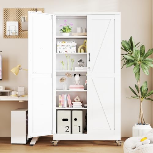 74" H Metal Pantry Storage Locker Cabinet with Wheels,Rolling Farmhouse Kitchen Pantry Cabinet with 2 Doors and 5 Adjustable Shelves,Steel Garage Tool Cabinet Organization for Home,Gym,School,White