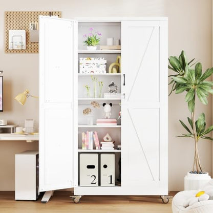 74" H Metal Pantry Storage Locker Cabinet with Wheels,Rolling Farmhouse Kitchen Pantry Cabinet with 2 Doors and 5 Adjustable Shelves,Steel Garage Tool Cabinet Organization for Home,Gym,School,White