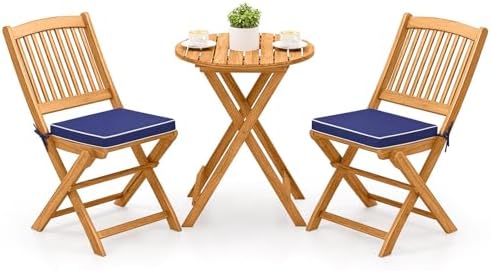 Tangkula 3 Pieces Acacia Wood Patio Folding Bistro Set, Outdoor Table and Chairs Set with Soft Cushions, Patio Furniture Set for Porch, Balcony, Garden, Deck and Backyard