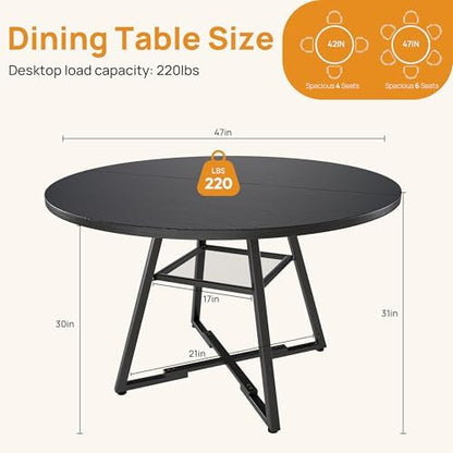 Alpen 47" Round Dining Table for 4-6, Small Kitchen Table with Storage Shelf, Wood Circle Table with Pedestal Metal Frame, Small Space Table for Apartment, Dining Room, Black