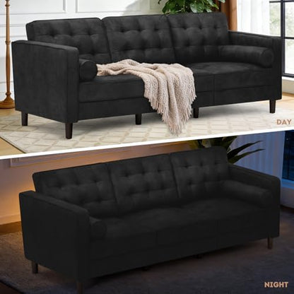 84" Suede Leather Modern Sofa with Bolster Pillows, Black