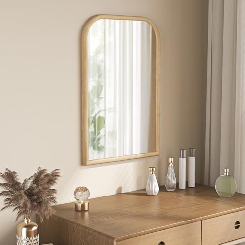 20"x30" Arch Wall Mirror for Wall, Wall Mounted Vanity Mirror for Bedroom, Wood Grain Finish Frame Mirror with Tempered Glass, Vintage Decorative for Bathroom, Entryway, Living Room, Natural
