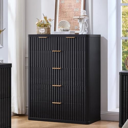 LEYAOYAO Fluted 6 Drawers Dresser for Bedroom, 42" Tall Modern Chest of Drawers with Metal Handle, Curved Profile Design,Black Wood Drawer Organizer for Bedroom, Living Room, Hallway, Entryway