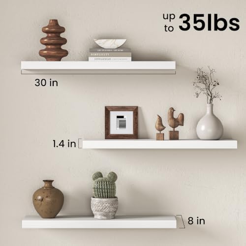 Floating Shelves - 2 Pack 30 Inch Long Rustic Wooden Wall Shelves - 8 Inch Deep Wall Mounted Storage Shelf with Invisible Heavy-Duty Brackets for Books, Bathroom, Kitchen - White