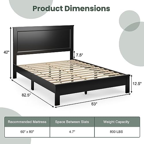 GIANTEX Wood Queen Platform Bed Frame with Headboard, Mid Century Bed Frame with Solid Wood Legs & Wooden Slat Support, Pallet Bed Mattress Foundation, No Box Spring Needed, Black