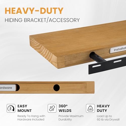 Floating Shelves for Wall, 48" x 9.3" Solid Pine Wood Wall Shelf, Wall Mounted Display Shelf with Invisible Heavy-Duty Metal Bracket, Home Decor for Bedroom, Kitchen, Living Room, Oak, 1 Pack