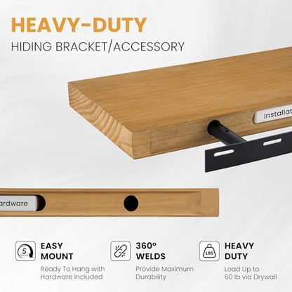 Floating Shelves for Wall, 48" x 9.3" Solid Pine Wood Wall Shelf, Wall Mounted Display Shelf with Invisible Heavy-Duty Metal Bracket, Home Decor for Bedroom, Kitchen, Living Room, Oak, 1 Pack