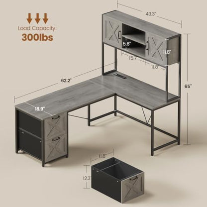 SEDETA Reversible Farmhouse L Shaped Gaming Desk with Drawers, Hutch