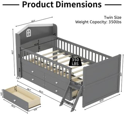 Bellemave Kids Twin Platform Bed with 4 Drawers & Storage Headboard, Wooden Twin Bed Frame with Safety Guardrails & Ladder for Kids Girls Boys, Gray