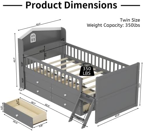 Bellemave Kids Twin Platform Bed with 4 Drawers & Storage Headboard, Wooden Twin Bed Frame with Safety Guardrails & Ladder for Kids Girls Boys, Gray