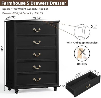 Joaxswe Farmhouse 5 Drawer Dresser Set of 2 for Bedroom, 45" Tall Rustic Chests of Drawers w/ 4 Solid Wood Feet, Vintage Mid Century Wooden Closet Storage Dressers Organizer for Living Room, Black