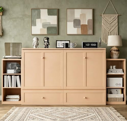 Bellemave Queen Murphy Bed, Cabinet Bed with 2 Shelves and Storage Drawers, Farmhouse Murphy Cabinet, Golden