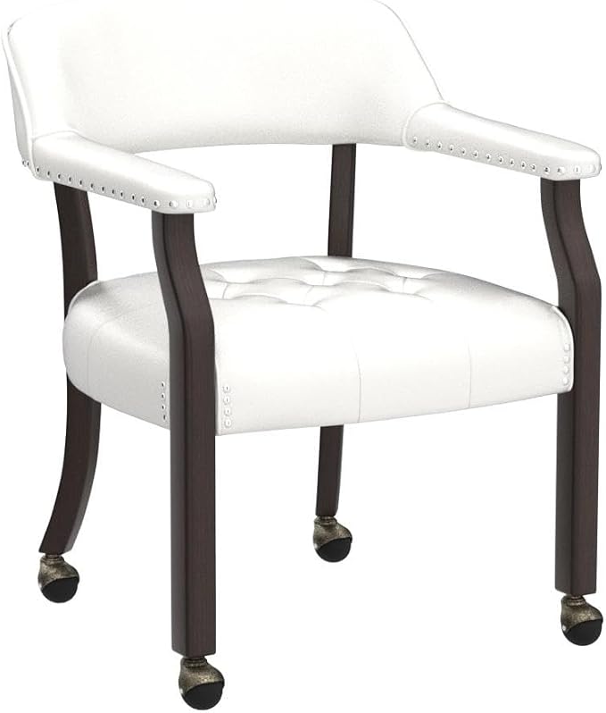 LEEMTORIG Set of 2 Large Dining Chairs with Casters and Arms, Rolling Dining Chairs with Wheels, Poker Chairs, Solid Wood Boss Caption's Chairs, 26"D x 25.2"W x 31.5"H, Cherry Legs & Ivory, SY-1533-WT