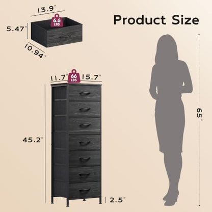 WLIVE Tall Fabric Dresser for Bedroom, 7 Drawers Storage Cabinet, Grey