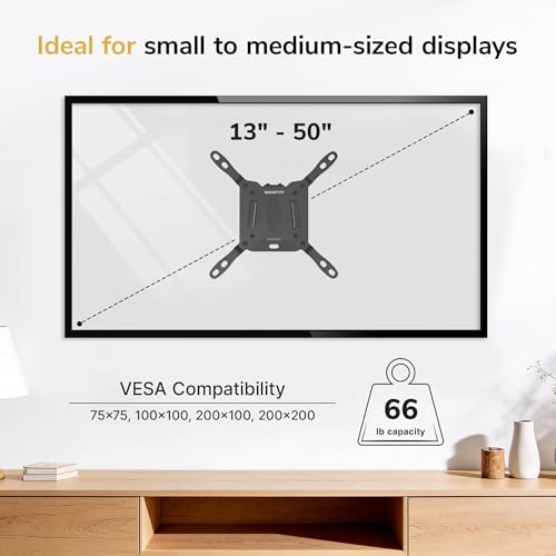 Mount-It! Fixed TV Wall Mount, Ultra Low Profile 0.94", Fits 13–50" TVs & Monitors up to 66 lbs, VESA 75x75–200x200, Flush Mount, Single Stud, Small Flat TV Wall Bracket for Bedroom & Office