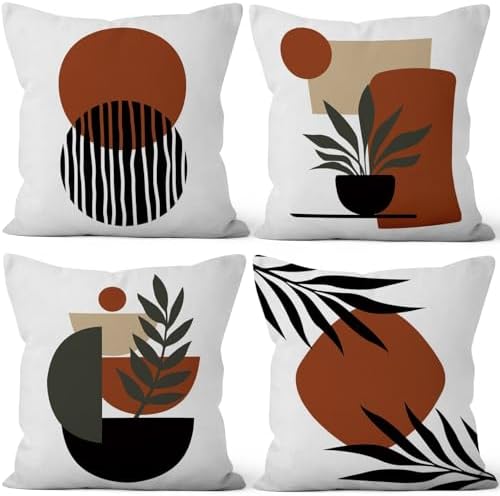 Bohemian Abstract Throw Pillow Covers 26"x26" Set of 4, Boho Minimalist Geometric Sunset Leaves Cushion Cover for Sofa Chair Couch Bed Office Garden Patio Farmhouse Indoor Outdoor