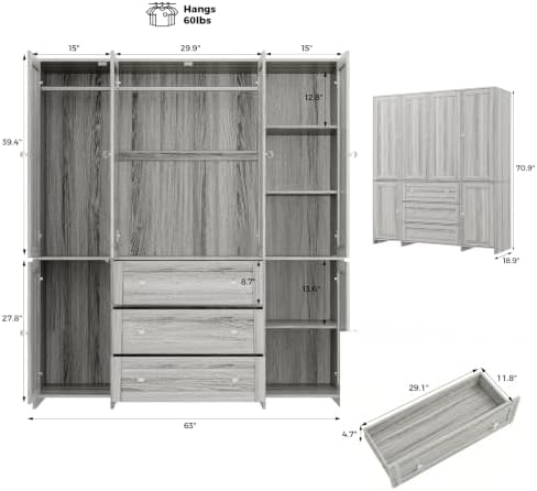 VOWNER 71" Armoire Wardrobe Closet with Drawers and Mirror, 6 Doors
