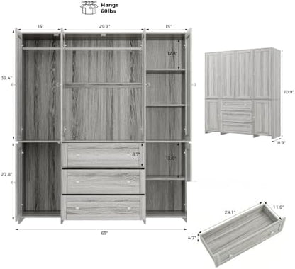VOWNER 71" Armoire Wardrobe Closet with Drawers and Mirror, 6 Doors