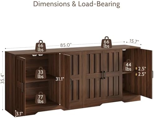Modern Farmhouse Buffet Cabinet with Storage, 85" Large Sideboard Storage Cabinet with 6 Barn Doors, Coffee Liquor Bar Cabinet Wood Table Credenza with Adjustable Shelf for Kitchen Dining Living Room