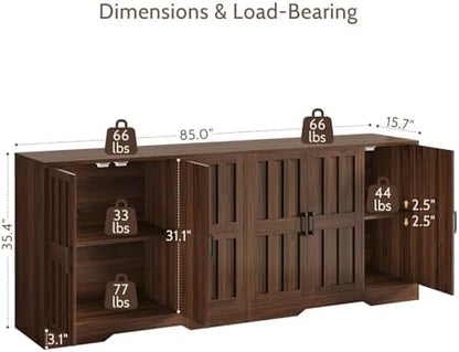 Modern Farmhouse Buffet Cabinet with Storage, 85" Large Sideboard Storage Cabinet with 6 Barn Doors, Coffee Liquor Bar Cabinet Wood Table Credenza with Adjustable Shelf for Kitchen Dining Living Room