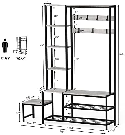 Hall Tree with Shoe Storage Bench, Coat Rack with 7 Hooks & Shelves