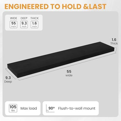 Floating Shelves for Wall, 55" x 9.3" Solid Pine Wood Wall Shelf, Wall Mounted Display Shelf with Invisible Heavy-Duty Metal Bracket, Black Floating Shelves for Home Decor and Storage, 1 Pack