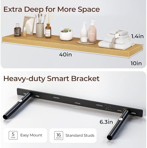 Floating Shelves for Wall 40 Inch Set of 3, Farmhouse Floating Shelves with Invisible Heavy Duty Bracket, 10 Inch Deep Bathroom Shelves for Storage, Living Room, Kitchen, Decor, Oak