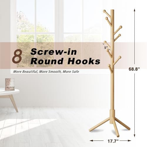 8-Hook Freestanding Coat Rack 3 Heights Safe Round Tips Nature