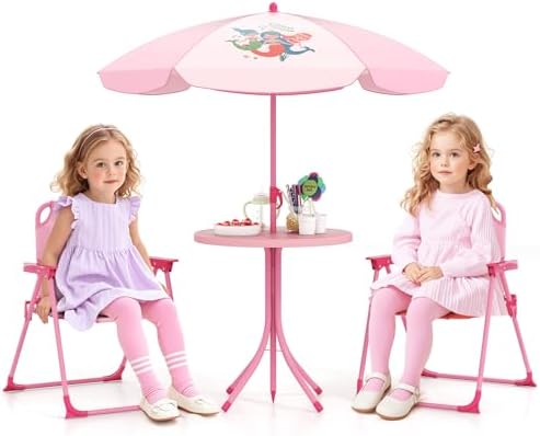 HONEY JOY Kids Picnic Table, Animal Themed Toddler Outdoor Table and Chair Set, 2 Folding Chairs & Removable Umbrella, Children Outdoor Furniture for Backyard Patio Garden (Pink Mermaid)