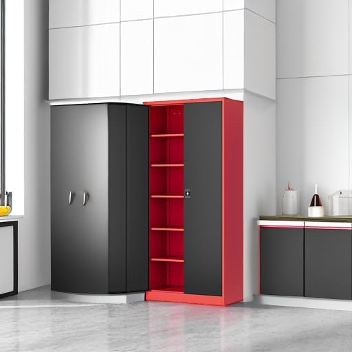Fesbos Metal Storage Cabinet-71” Tall Steel File Cabinets with Lockable Doors and Adjustable Shelves-Black&Red Steel Storage Cabinet for Home,Kitchen, School, Office, Garage