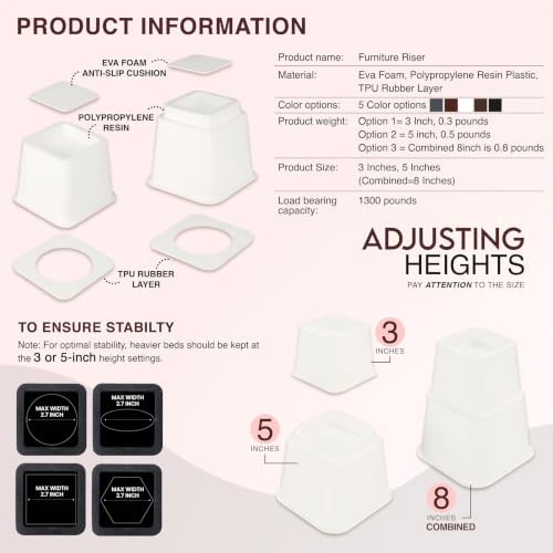 Utopia Bedding Heavy Duty Bed Risers, 3, 5, 8 Inch, Pack of 4, White
