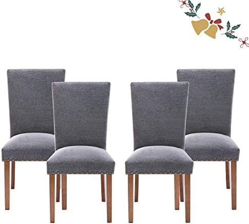 Parsons Dining Chairs Set of 4, Upholstered Nailhead Dining Room Kitchen Side Chair with Thick Cushions and Wood Legs, Dark Grey