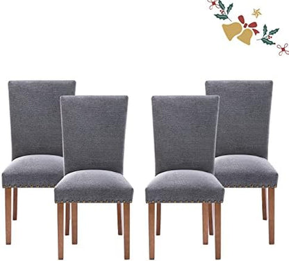 Parsons Dining Chairs Set of 4, Upholstered Nailhead Dining Room Kitchen Side Chair with Thick Cushions and Wood Legs, Dark Grey