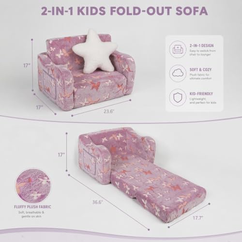 Kids Sofa Chair, 2-in-1 Foldable Couch, Plush, Lavender Purple