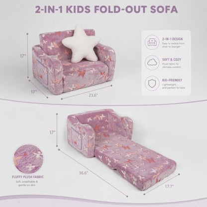 Kids Sofa Chair, 2-in-1 Foldable Couch, Plush, Lavender Purple