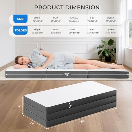 MASVIS Trifold Mattress, 6 Inch Memory Foam Foldable Mattress with Washable Cover, Tri-Folding Floor Bed for Camping, Queen