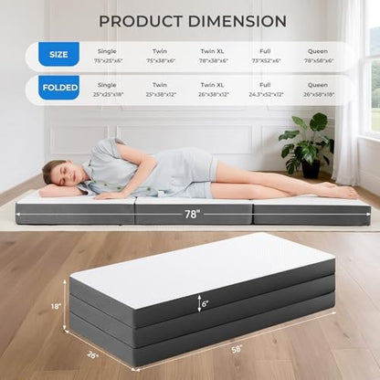 MASVIS Trifold Mattress, 6 Inch Memory Foam Foldable Mattress with Washable Cover, Tri-Folding Floor Bed for Camping, Queen