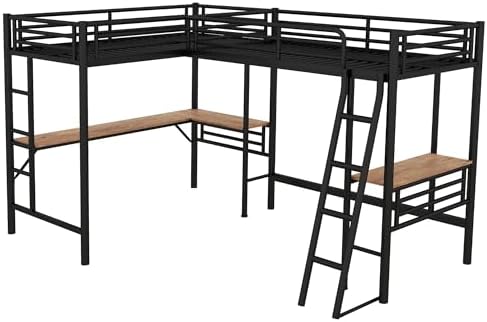 Twin Size Metal Loft Bed with Built-in Desk and Safety Guardrails, Black