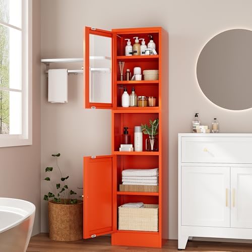 Metal Bathroom Storage Cabinet, Tall Narrow Cabinet with Glass Doors Ajustable Shelves Open Countertop, Slim Sideboard for Small Spaces, Living Room, Kicthen, Dining Room