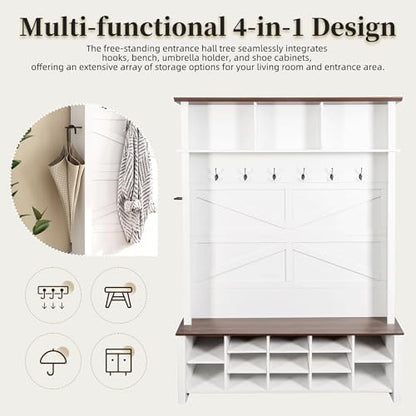 Merax Farmhouse Wood Hall Tree with 6 Hooks and Entryway Shoe Bench, White