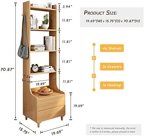 IOTXY Oak Bedside Table with Bookshelf - 71" Tall Nightstand for Bedroom