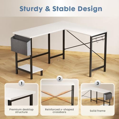 DUMOS L Shaped Computer Desk with PC Stand, Corner Workstation, White