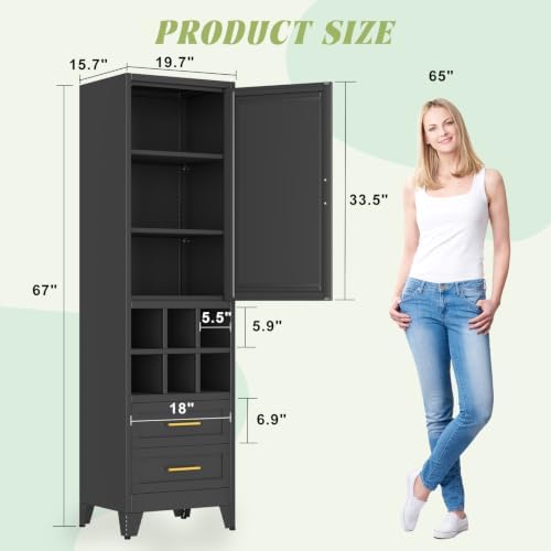 Tall Narrow Storage Cabinet with Door, Drawers & Wine Rack, Freestanding Black Pantry Cupboard with Golden Handles, Modern Display Cabinet for Kitchen Living Room