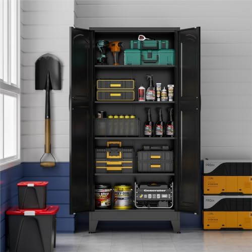 71" Metal Storage Cabinet with 5 Adjustable Shelves, Arch‑Curve Black