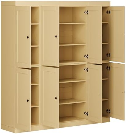 Palace Imports Solid Wood Kitchen Pantry Cabinet – 71.5" Tall x 65" Wide – Wooden Storage Cabinet with 8 Shaker Doors & 12 Adjustable Shelves – Yellow, 100% Eco-Friendly Wood, Made in Brazil