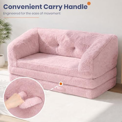 Convertible Folding Sofa Bed, 2 in 1 Portable Floor Couch & Foam Mattress with Handle, Space-Saving Faux Fur Futon Chair for Living Room, Bedroom, Guest Room (Loveseat, Pink)