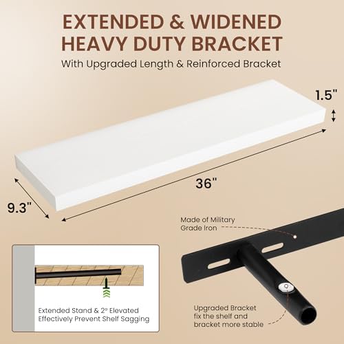 Dreamland 36 Inches Floating Shelves for Wall, 9.3" Deep Long Floating Shelves Set of 2, Large Display & Storage Shelf, Wall Shelf for Bathroom Bedroom Living Room Kitchen Office, White